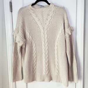 NWOT BOHEMIAN FRINGE CABLE KNIT MOCK NECK SWEATER IN BEIGE TAUPE. WOMEN’S LARGE